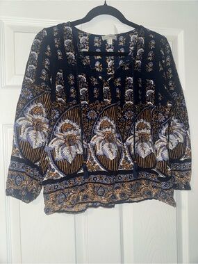 Lucky Brand Navy, Mustard and White Floral Peasant Blouse